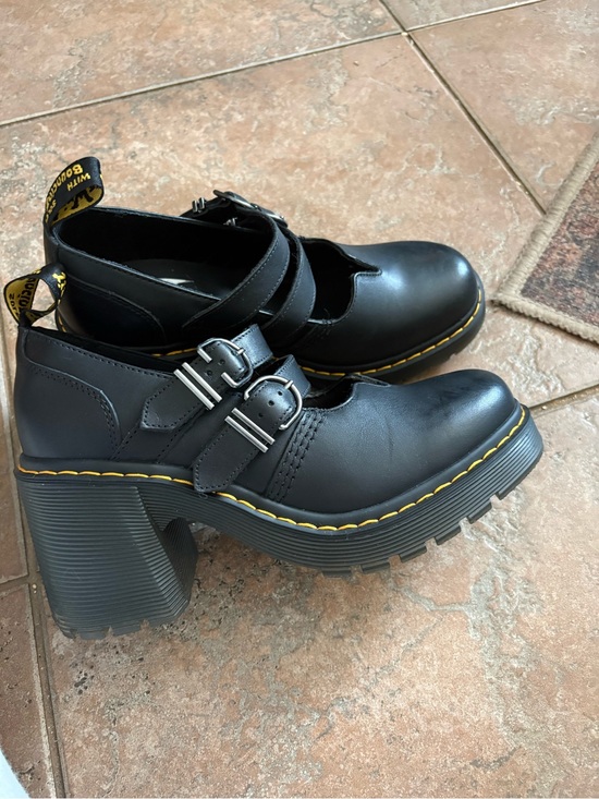 Dr. Martens Shoes - Dr. Martens Black Leather Platform Mary Jane Heels with Yellow Stitching